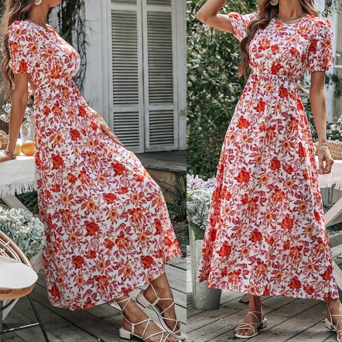 Floral Bubble Short Sleeve Sexy High Waist Ruffle Party Maxi Dress