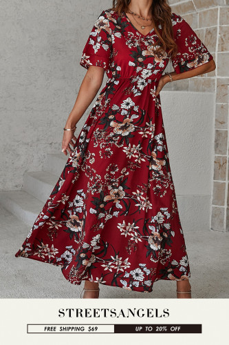 Loose Floral V-Neck Swing Fashion Casual   Maxi Dress