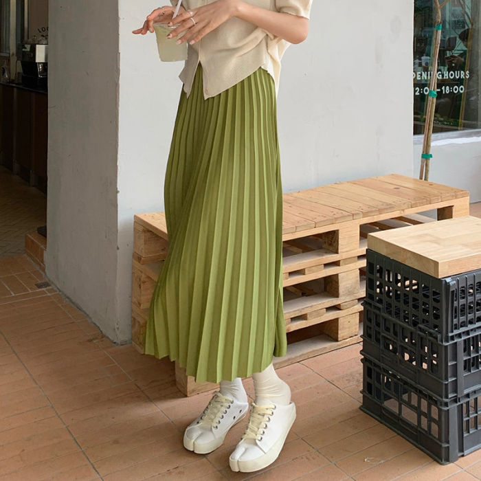 Gentle Pleated High Waist Slim A-line Solid Color Skirts