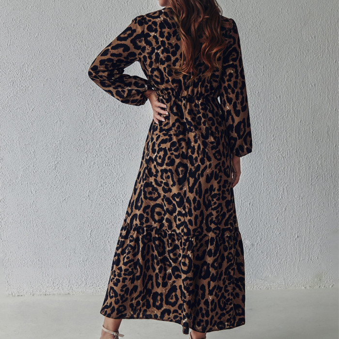 Sexy Leopard Print Party Long Sleeve Retro Casual Fashion Maxi Dress