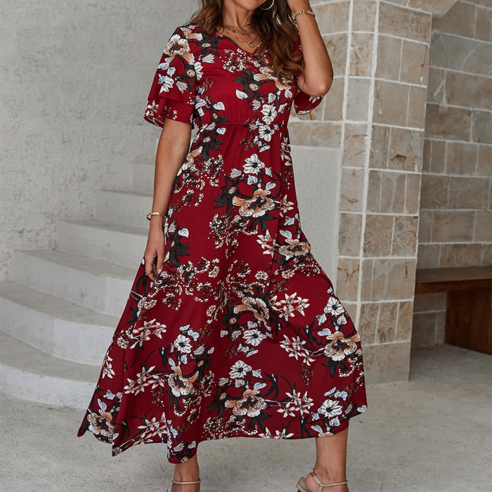 Loose Floral V-Neck Swing Fashion Casual   Maxi Dress