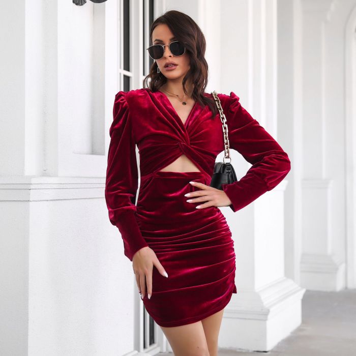 Twisted Puff Sleeves Ruched Solid Bodycon Dresses