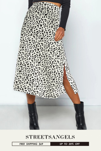 Leopard Chiffon Print Slit Sexy High Waist Skirts