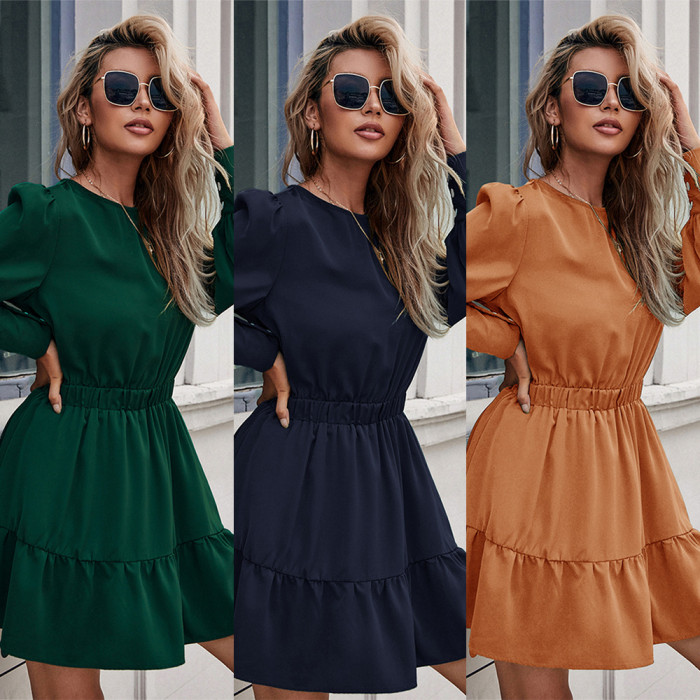 Fashion Ruffle Long Sleeve Elegant Solid Color Hem Button Waist  Mini Dress