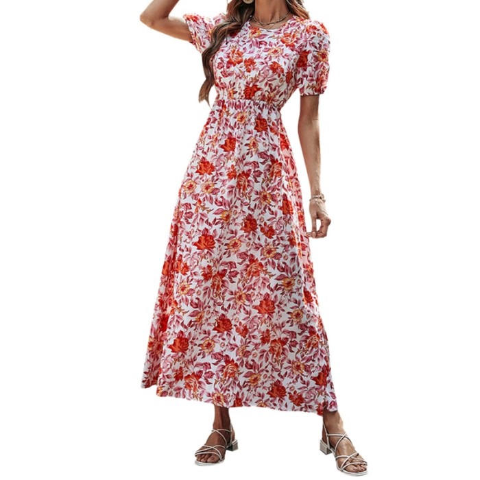 Floral Bubble Short Sleeve Sexy High Waist Ruffle Party Maxi Dress