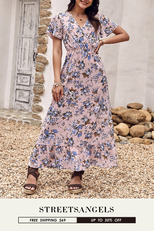 Elegant Floral Fashion V-Neck Print  Maxi Dress