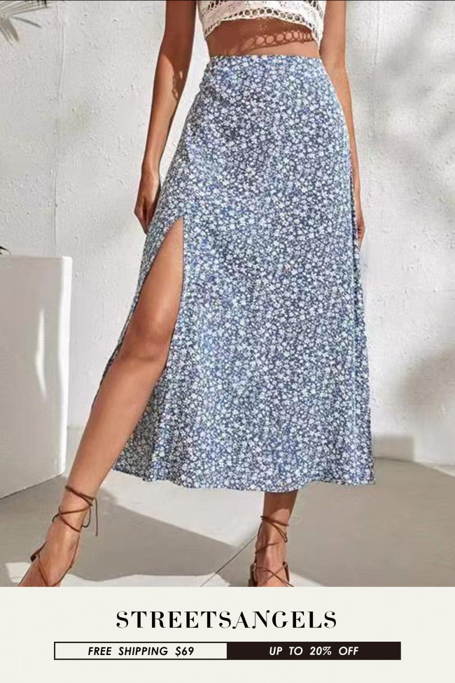 Printed Slit Elegant Sweet Floral A-word Skirts