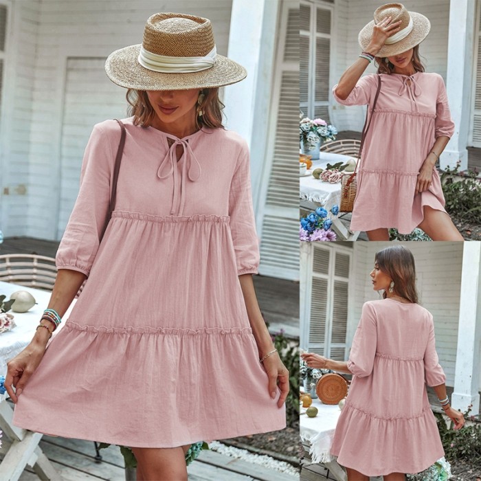 Half Sleeve Tie V Neck Boho Solid Casual Loose A-Line  Mini Dress