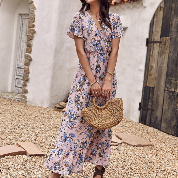 Elegant Floral Fashion V-Neck Print  Maxi Dress