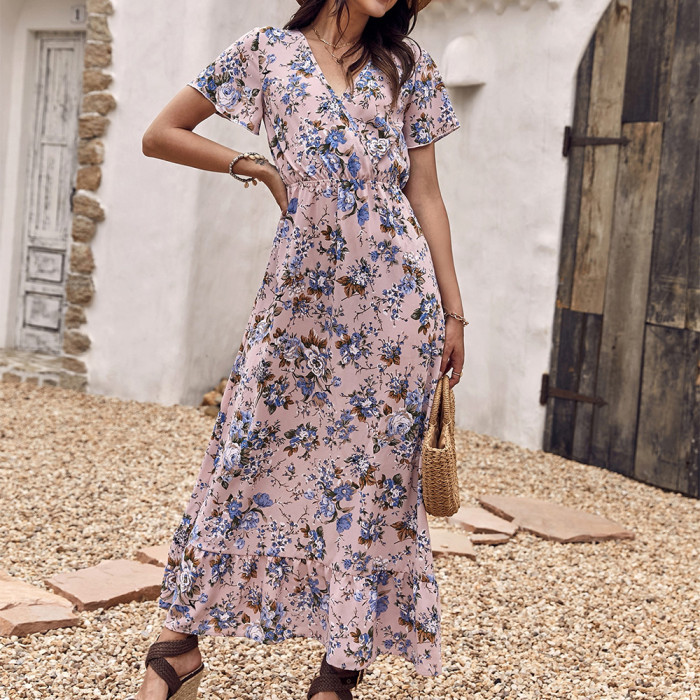 Elegant Floral Fashion V-Neck Print  Maxi Dress