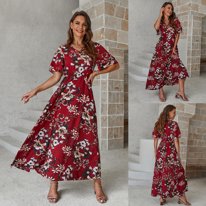 Loose Floral V-Neck Swing Fashion Casual   Maxi Dress