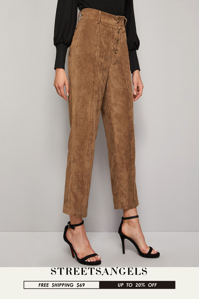 Women Vintage High Waist Corduroy Stright Pant