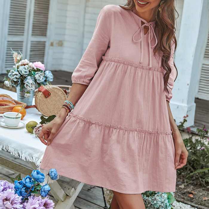 Half Sleeve Tie V Neck Boho Solid Casual Loose A-Line  Mini Dress