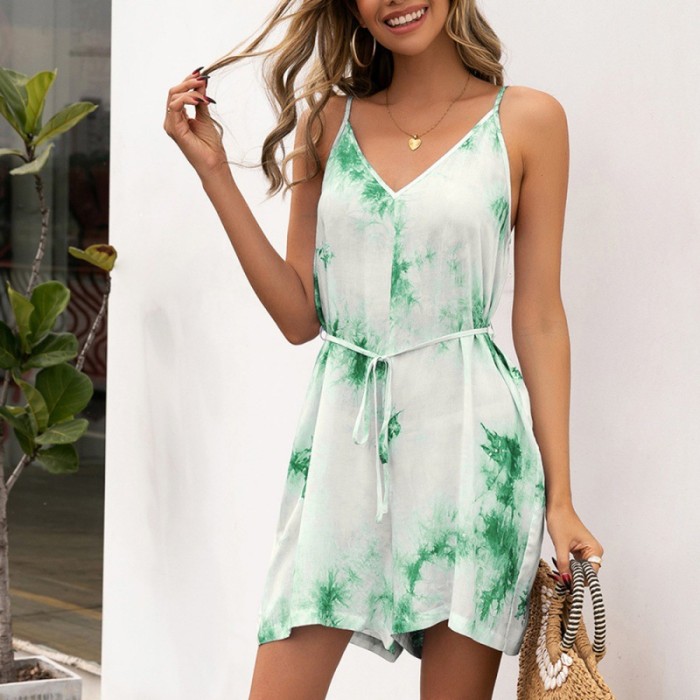 Tie-dye Print V-neck Sexy Strap Playsuits Sleveless Backless Casual Rompers
