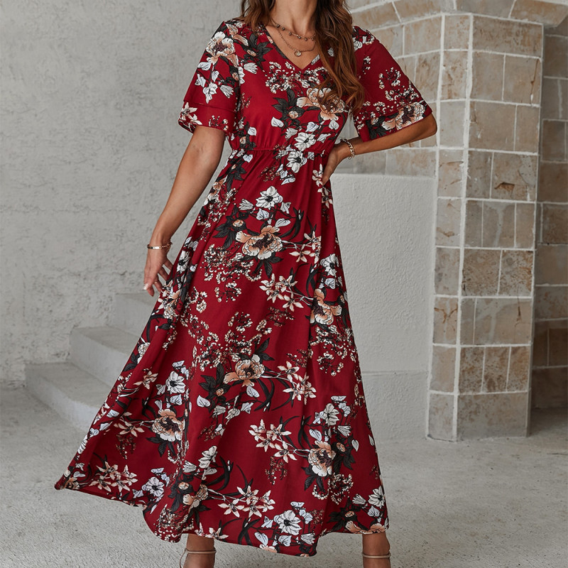 Loose Floral V-Neck Swing Fashion Casual   Maxi Dress