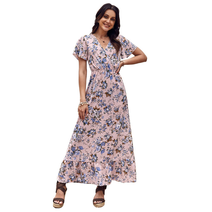 Elegant Floral Fashion V-Neck Print  Maxi Dress