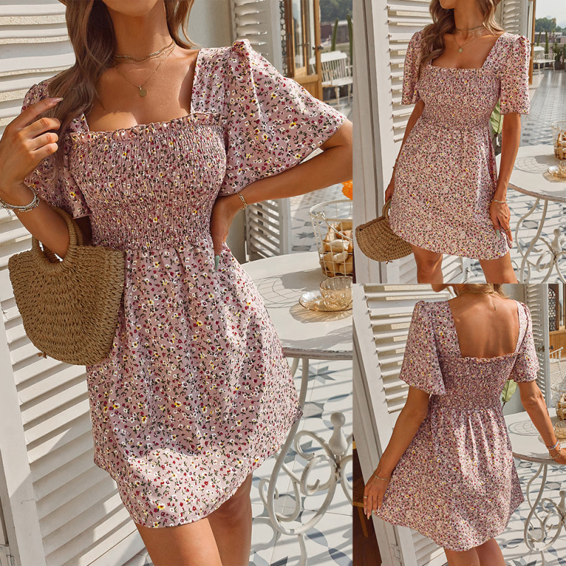 Floral Print Chic Square Neck Ruched High Waist A-Line Mini Dress