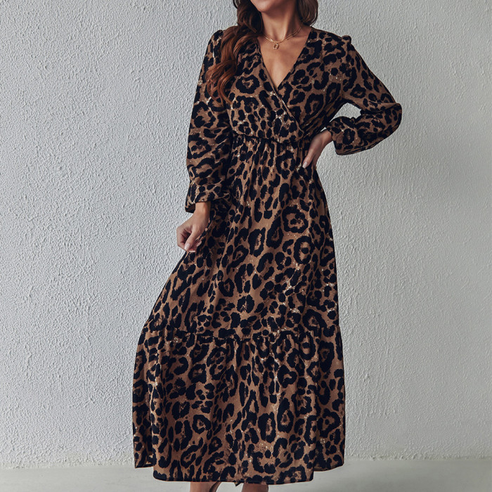 Sexy Leopard Print Party Long Sleeve Retro Casual Fashion Maxi Dress