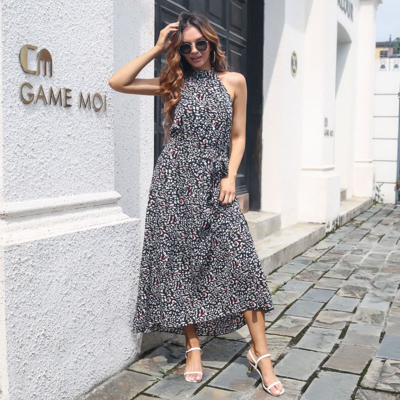 Halter Leopard-print Lace-up Backless Swing Maxi Dresses