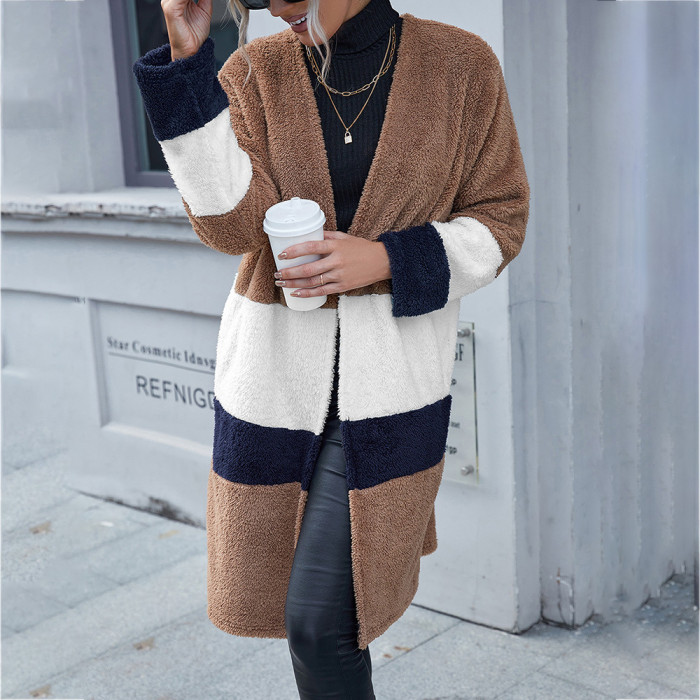 Woolen Cloth Color Matching Casual Loose Mid-length Ladies Coats