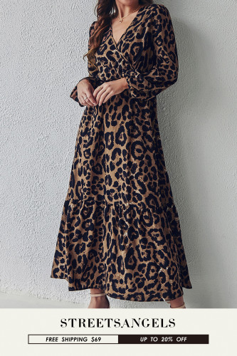 Sexy Leopard Print Party Long Sleeve Retro Casual Fashion Maxi Dress
