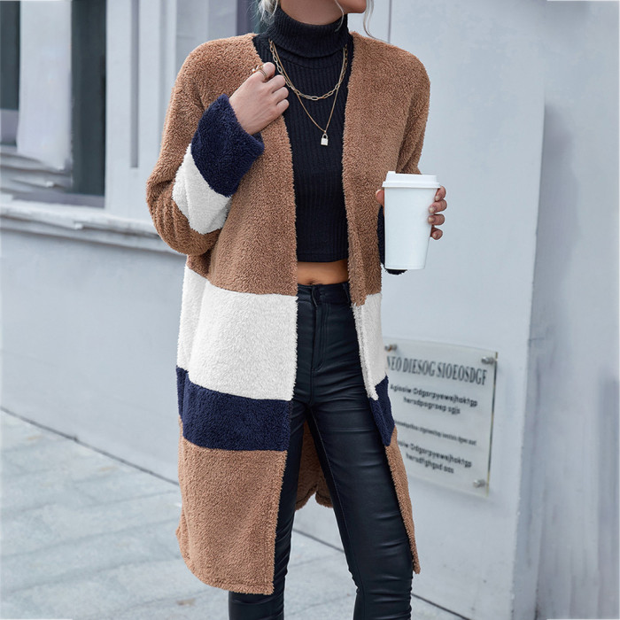 Woolen Cloth Color Matching Casual Loose Mid-length Ladies Coats