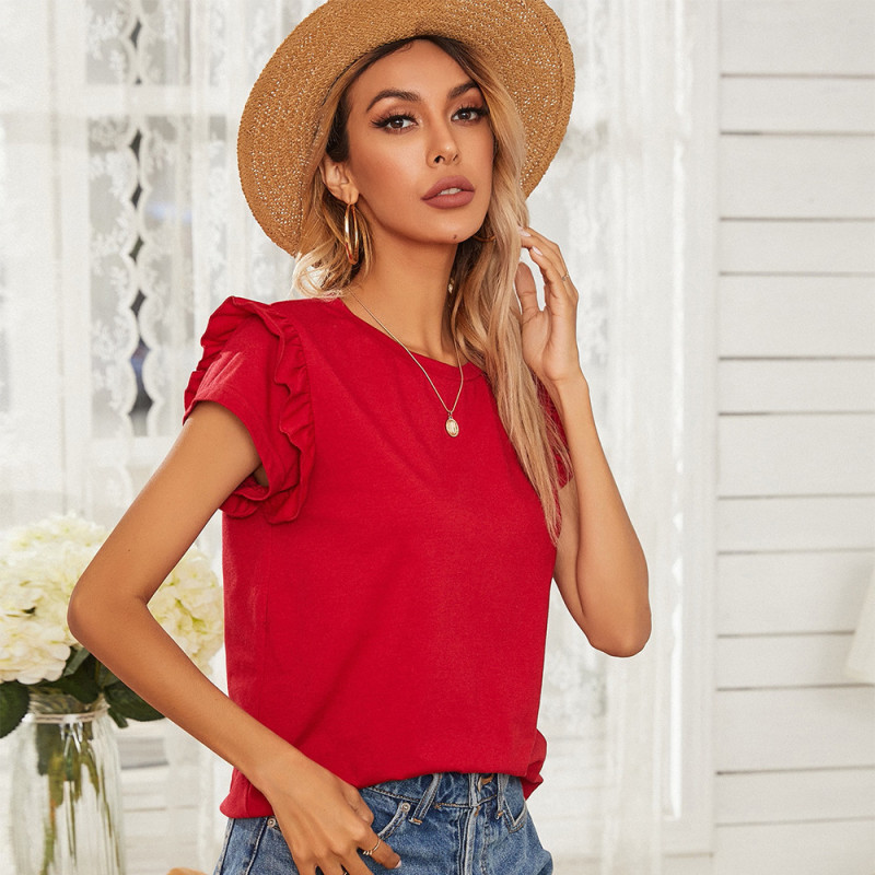 Women's Solid Color Top Ruffled Round Neck Loose T-Shirt