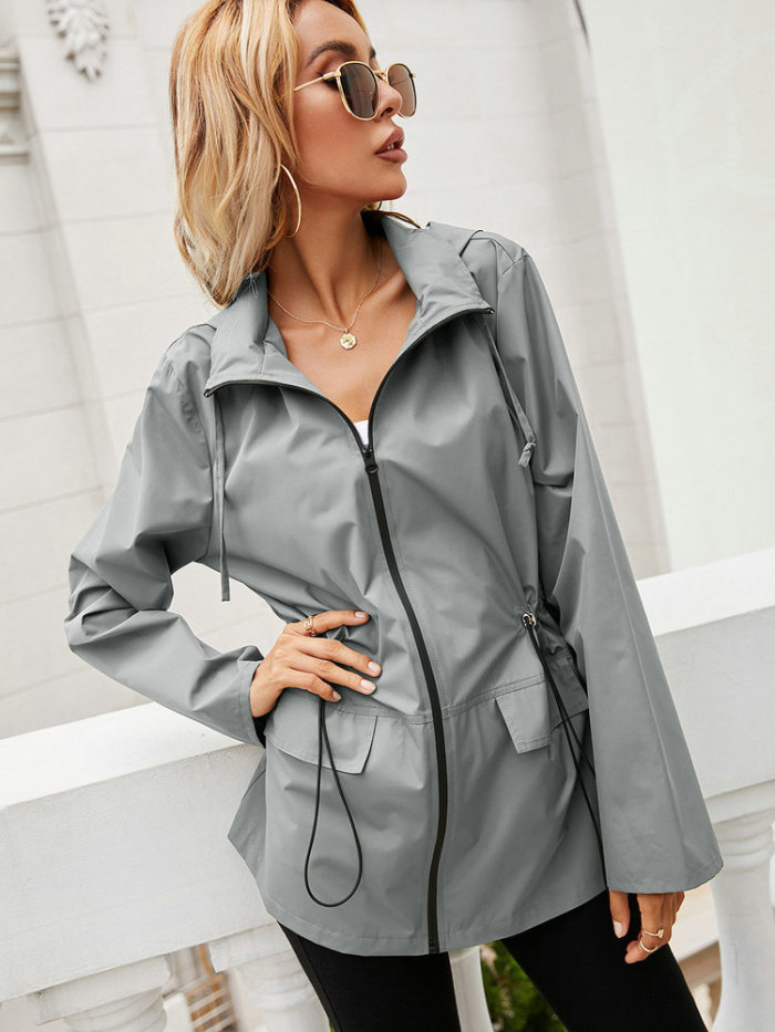 Women's Long-sleeved Waterproof Windproof Fabric Pure Color Zipper Casual Jackets