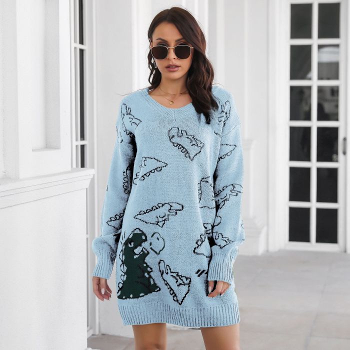 Dinosaur Jacquard V-Neck Dropped Shoulder Long Sleeves Loose Sweater Dresses