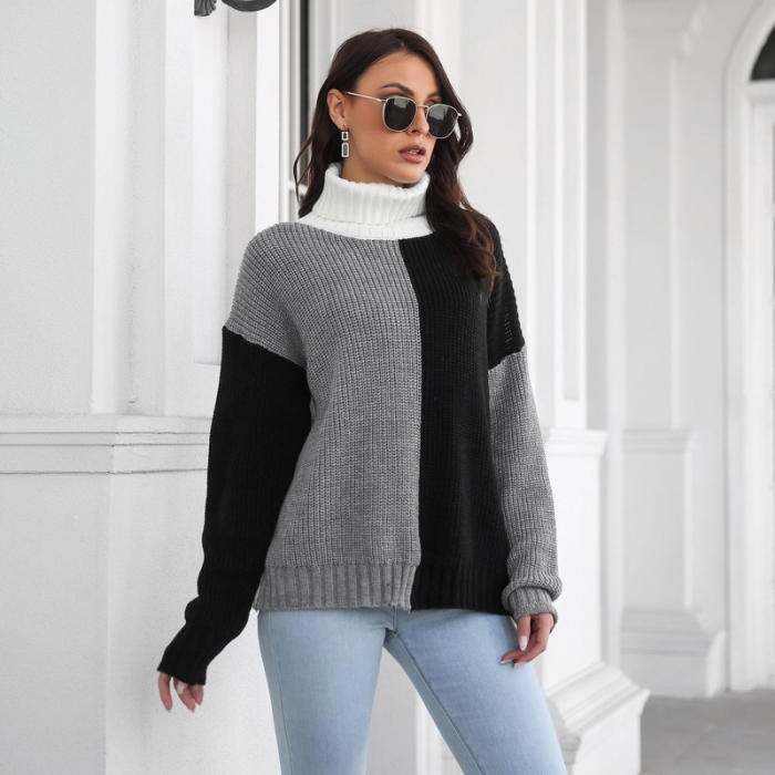 Turtleneck Pullovers Color Matching Patchwork Sweaters