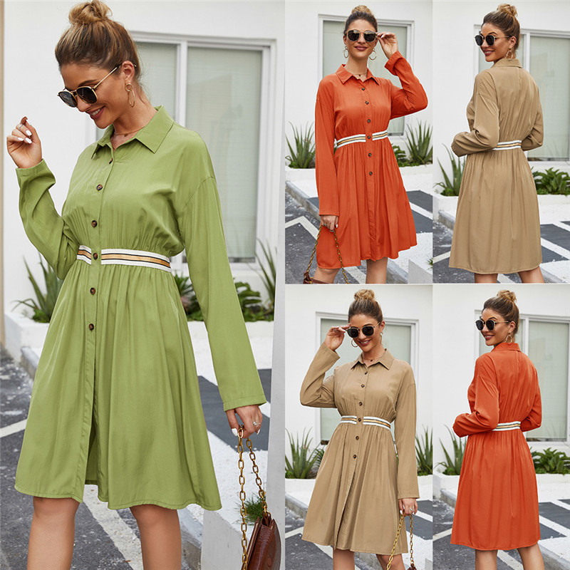 New Solid Long Sleeve Women Loose Casual  Midi Dresses