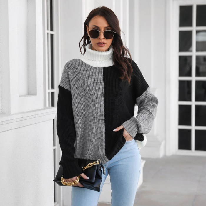 Turtleneck Pullovers Color Matching Patchwork Sweaters