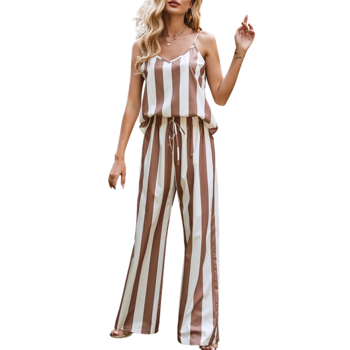 Women's Sexy Sleeveless Striped Print Camisole + Wide Leg Pants  Two Pieces Set