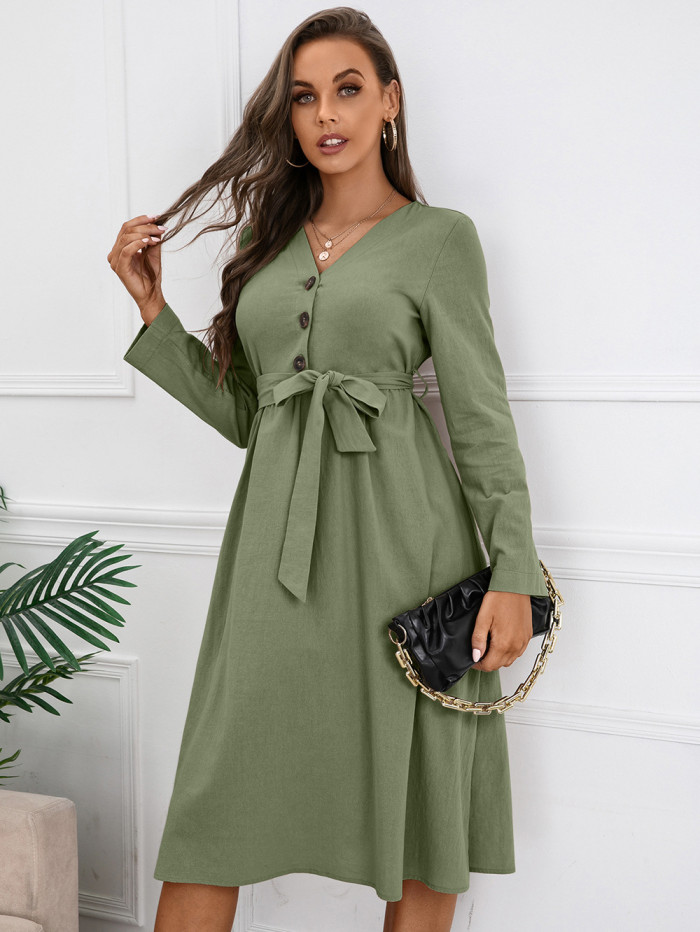 Elegant Women Solid Color V-Neck High Waist Midi Dresses