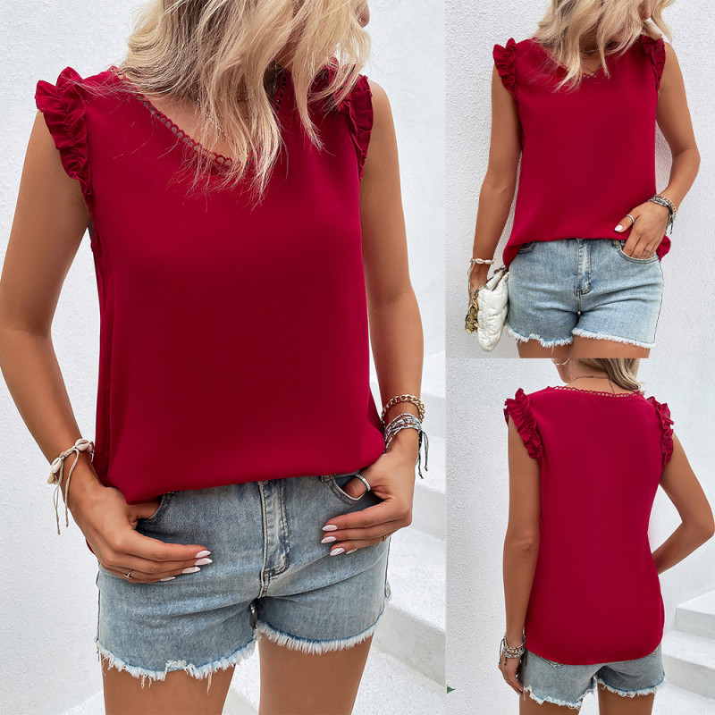 Women's Street Sleeveless Ruffle Top Women's Casual V-Neck T-Shirt