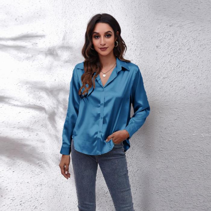 Women Casual Turn Down Collar Bow Tie Loose Blouse
