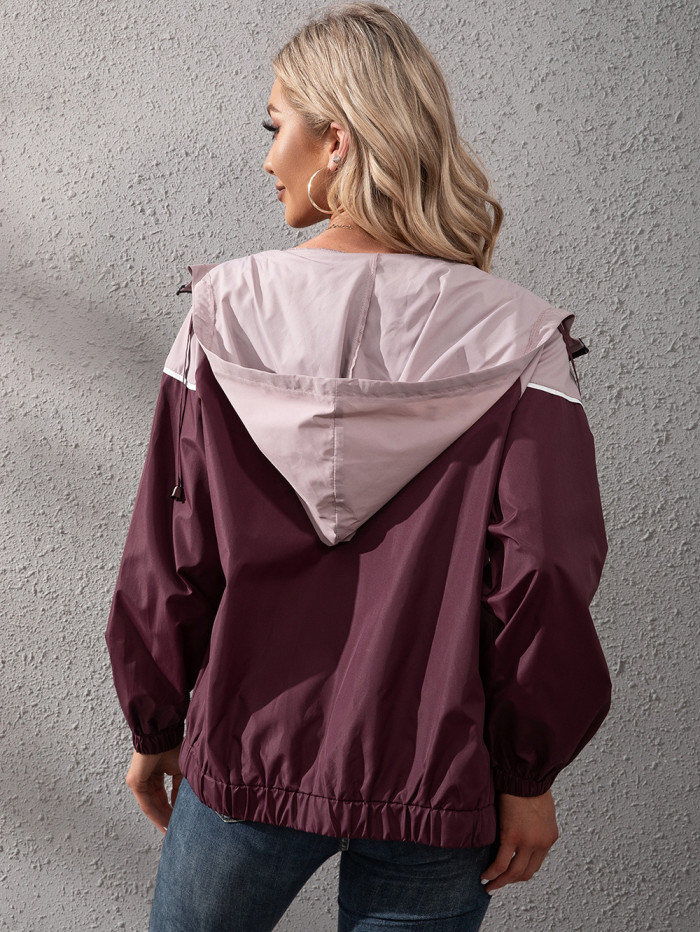 Windproof Women's Color-blocking Lightweight Zipper Outdoor Hooded Jackets