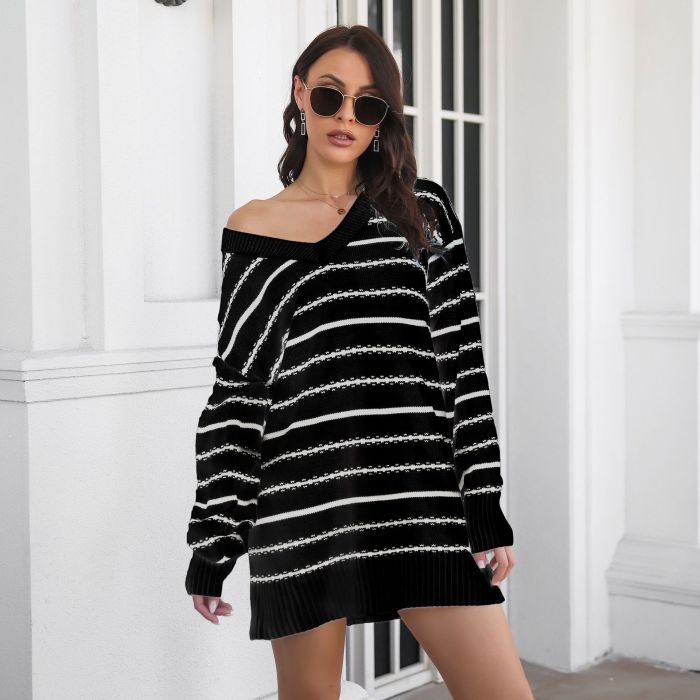 Casual Striped V-Neck Drop-Shoulder Loose Knit Sweater Dresses