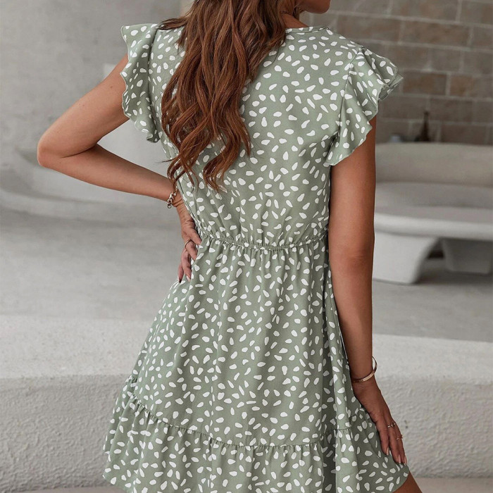 Sleeveless Fashion Print Butterfly Sleeve V-Neck A-Line  Mini Dress