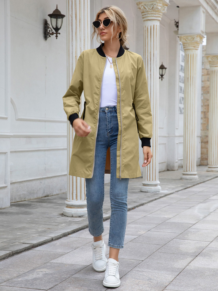 Women Outdoor Long Sleeve Stand Collar Cardigan Waterproof Mid-length Jackets