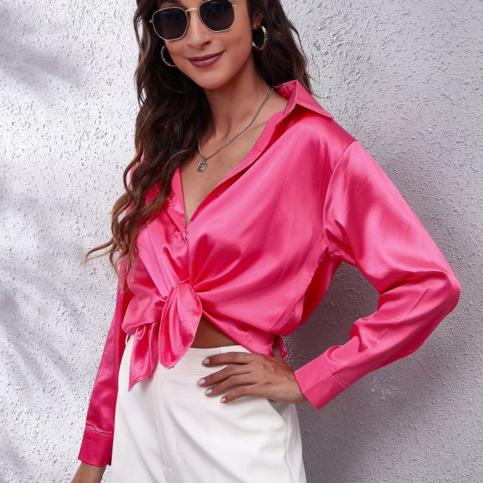 Women Casual Turn Down Collar Bow Tie Loose Blouse