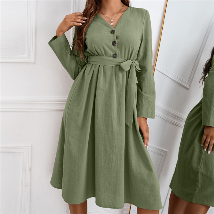 Elegant Women Solid Color V-Neck High Waist Midi Dresses