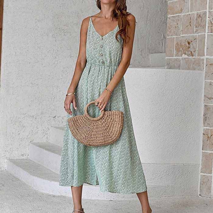 Cotton Linen Button Casual Solid Color Elegant Sling Floral Split Vacation Dress