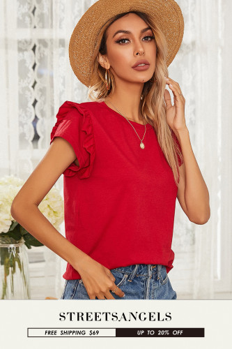 Women's Solid Color Top Ruffled Round Neck Loose T-Shirt
