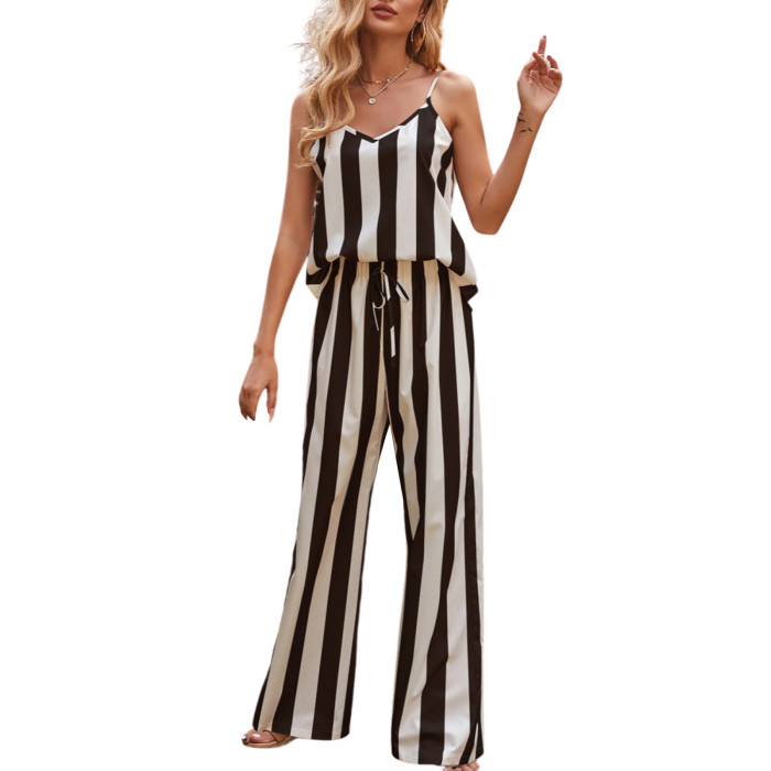 Women's Sexy Sleeveless Striped Print Camisole + Wide Leg Pants  Two Pieces Set