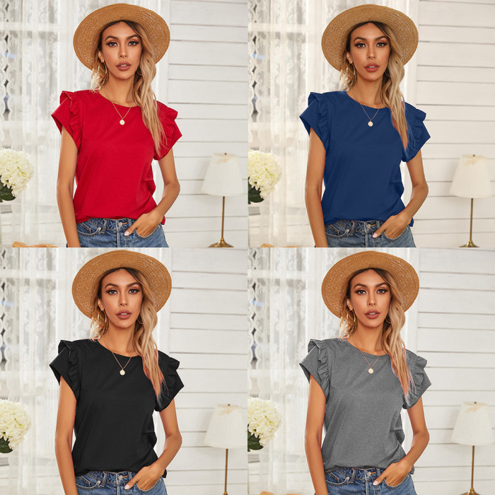Women's Solid Color Top Ruffled Round Neck Loose T-Shirt