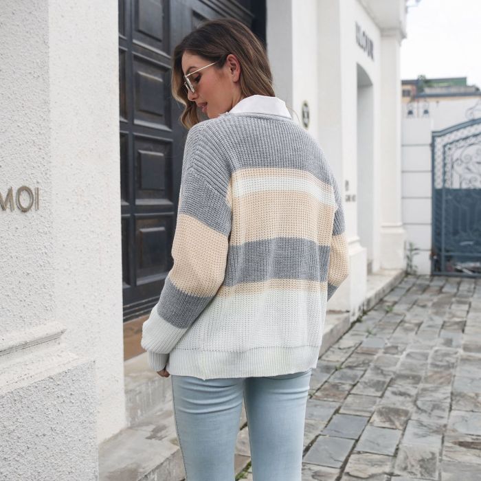 Woman Striped Colorblock Breasted Loose Knit Cardigan