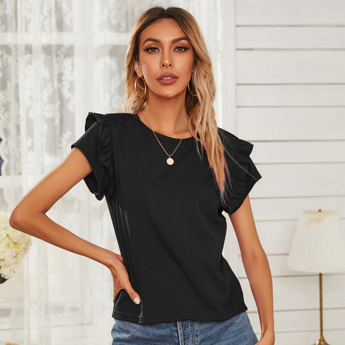 Women's Solid Color Top Ruffled Round Neck Loose T-Shirt