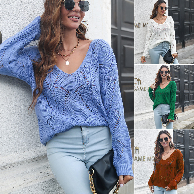 Women Sexy Hollow out V-neck Knitted Sweater