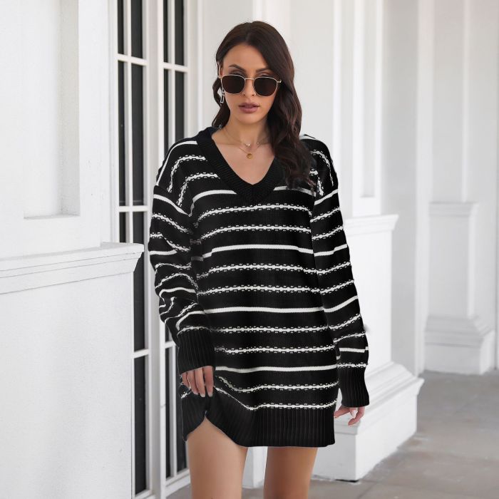 Casual Striped V-Neck Drop-Shoulder Loose Knit Sweater Dresses